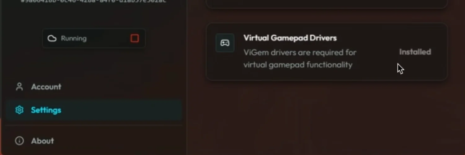 Gamearena Streamer app showing Install Virtual Gamepad option in Settings