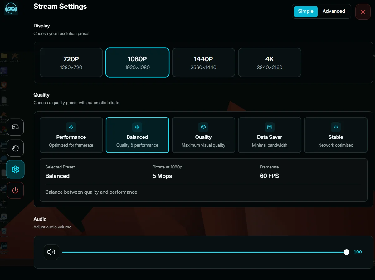 Gamearena in-session Stream Settings panel in Simple mode with Display, Quality, and Audio controls