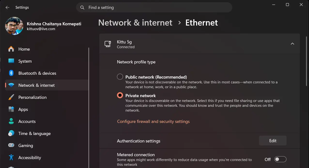 Windows Network profile type
